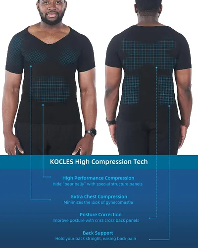 Miniatura 3 de KOCLES Camisas de compresión Gynecomastia para hombres, faja moldeadora adelgazante para cuerpo, camiseta de entrenamiento con cuello en V