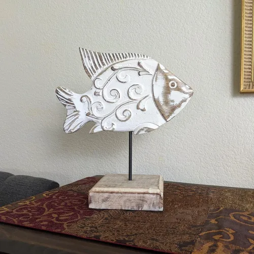 Miniatura 6 de Beau - Estatua de pescado de mantequilla en base Escultura de pescado de madera hecha a mano para casa náutica de playa, centro de mesa rústico