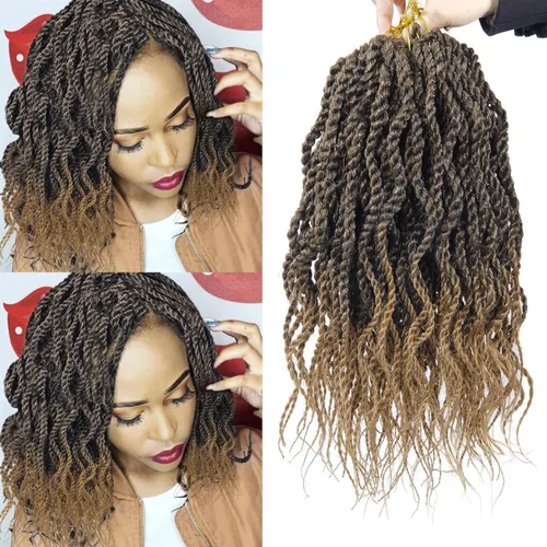Miniatura 10 de Trenzas de cabello ondulado senegalés de 14 pulgadas, extensiones de cabello sintético rizado con extremos ondulados, cabello trenzado trenzado