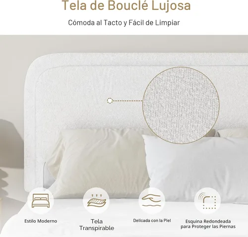 Miniatura 4 de Base de cama Queen de BarnFurin con cabecera, base de cama tapizada con plataforma de Boucle, esquinas redondeadas y lujosas, no requiere somier
