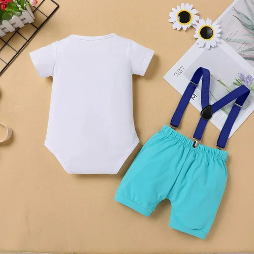 Miniatura 3 de IMEKIS Conjunto de ropa para bebé niño con estampado de pastel de 1er cumpleaños con corbatín + tirantes + pantalones cortos + corona de baloncesto