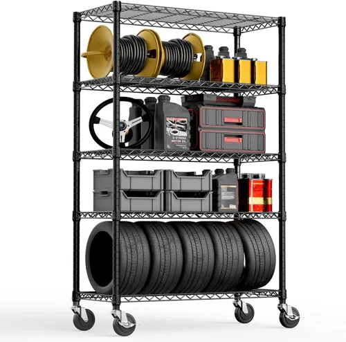 Miniatura 21 de M MZG Estantería de almacenamiento de 5 estantes, estantería de alambre de metal resistente, estantería de almacenamiento ajustable para garaje