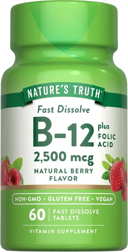 Nature's Truth Vitamina B12 | 60 tabletas de disolución rápida | 2500 mcg | con ácido fólico | Vegano, sin OMG y sin gluten