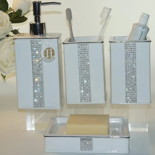 Juego de 4 accesorios de baño, set de regalo de cerámica, dispensador de jabón, soporte para cepillos de dientes, vaso y jabonera, decoración del