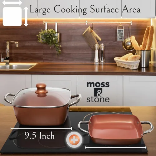 Miniatura 6 de Moss & Stone 6 Piezas Juego de Utensilios de Cocina Chef de Cobre Antiadherente Sartén Honda para Freír 9.5" x 3.5", Canasta para Freír, Rejilla 6