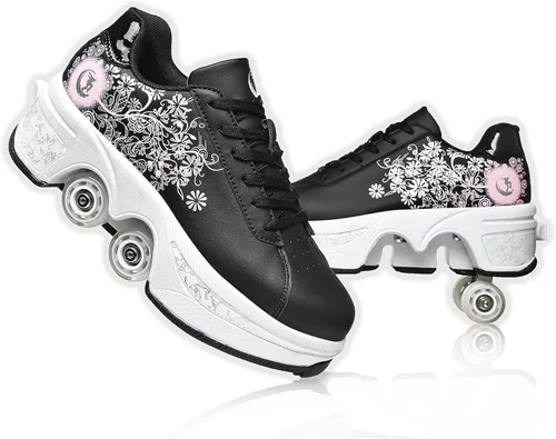 Miniatura 10 de Zapatos de patinaje para mujer, cuatro rondas, zapatos de patines de ruedas para niños que se convierten en patines de ruedas, zapatos ligeros al