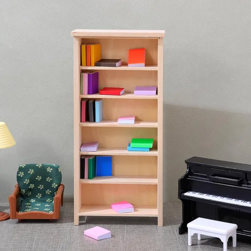 Miniatura 10 de Estantería de casa de muñecas a escala 1:12, gabinete de almacenamiento modelo de casa de muñecas, estantería en miniatura de madera sin terminar