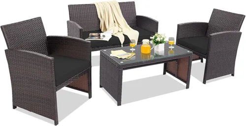 Miniatura 15 de HAPPYGRILL Juego de 4 muebles de mimbre para exteriores con mesa de centro de vidrio templado, cojines suaves, juego de sillas de ratán resistentes