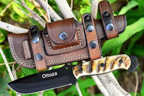 Miniatura 4 de Ottoza Cuchillo de caza de hoja fija con funda de cuero y transporte horizontal, cuchillo de supervivencia y campamento al aire libre de espiga