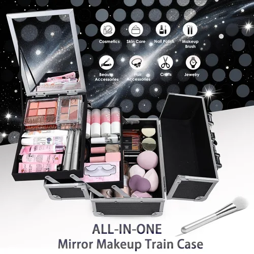 Miniatura 3 de FRENESSA Estuche organizador de maquillaje, caja de cosméticos, estuche portátil de maquillaje con espejo, 2 bandejas, caja de tocador de viaje