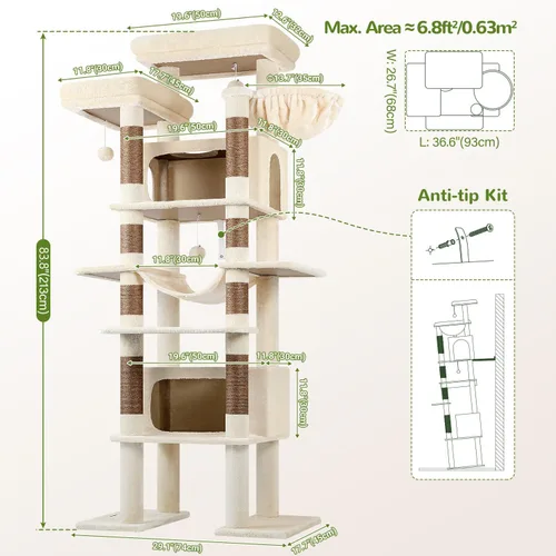 Miniatura 7 de Globlazer XXL Árbol Gigante para Gatos, Torre Alta de 83 Pulgadas de Alta Resistencia para Gatos Grandes de Interior, Casa de Gatos de Varios