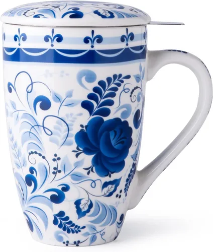 GBHOME Taza de té con infusor y tapa, taza de té grande de cerámica de 18 onzas para hojas sueltas, apta para microondas y lavavajillas, taza para