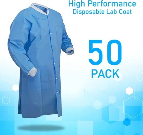 Miniatura 2 de Distributors - Abrigo de laboratorio desechable SMS de alto rendimiento con puños y cuello de punto, 3 bolsillos, longitud al muslo envuelta