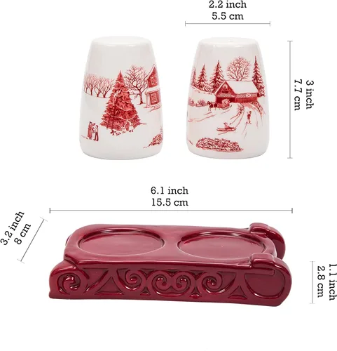 Miniatura 2 de Bico Toile De Jouy Winter Wonderland - Juego de salero y pimentero con soporte para trineo, coctelera de cerámica pintada a mano con soporte