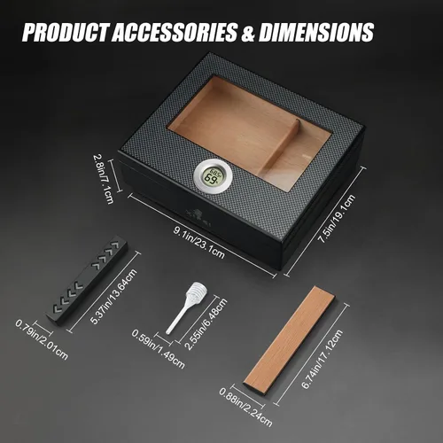 Miniatura 3 de XIFEI Humidor de puros, textura de fibra de carbono superior de vidrio con higrómetro digital, incluyendo humidificador de puros, divisor, caja