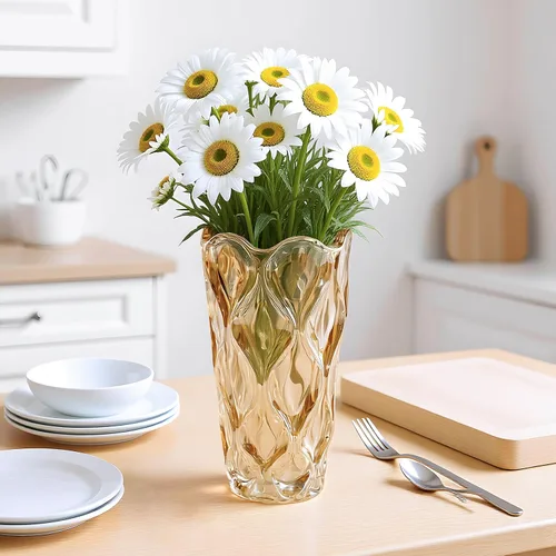 Miniatura 2 de Florero de cristal ámbar grueso para ramo, florero de vidrio bohemio pesado de 9.5 pulgadas de alto para flores, centros de mesa, mesa de comedor