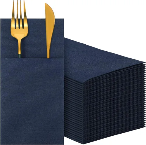Cindeer 150 piezas de servilletas de cena azul marino con sensación de lino, bolsillo plano incorporado, preplegadas, servilletas de papel 2-Azul