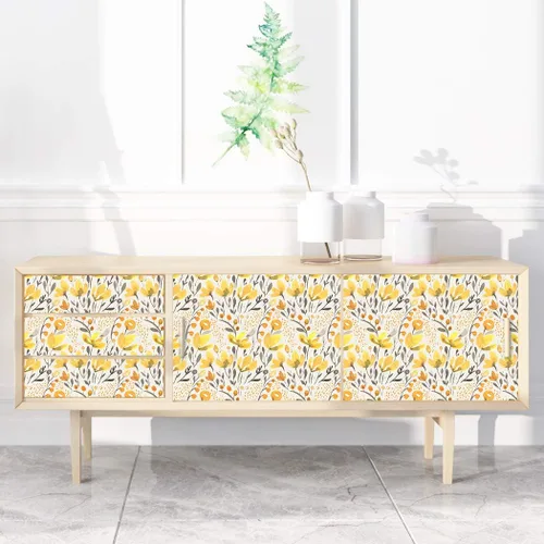 Miniatura 4 de Papel tapiz autoadhesivo Kapok de flores frescas amarillas, autoadhesivas, para despegar y pegar, removible, acuarela, sin costuras, prepegado