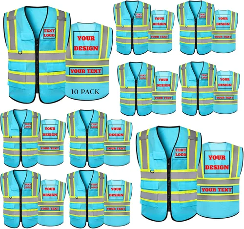 Miniatura 12 de Chaleco de seguridad reflectante de malla con logotipo personalizado Clase 2 con 5 bolsillos y cremallera Amarillo-5pack
