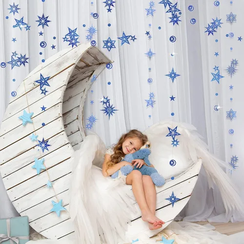 Miniatura 4 de Cheerland Guirnalda de Purpurina de Estrella y Luna Azul Decoraciones de Fiesta País de las Maravillas Invernal Baby Shower Serpentinas al Aire