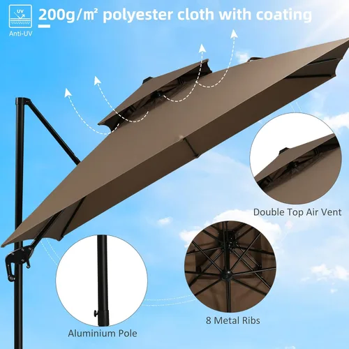 Miniatura 5 de Outsunny Sombrilla de patio de 10 pies con base, sombrilla voladiza de aluminio colgante de doble parte superior con rotación de 360 grados, fácil