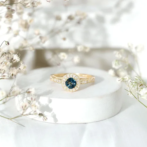 Miniatura 13 de Anillo de compromiso con halo de diamantes de topacio azul londinense certificado, calidad AAA, anillo de diamantes de topacio azul natural