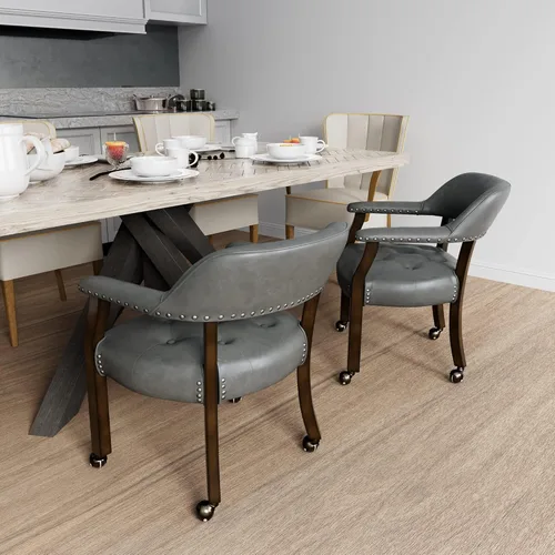 Miniatura 58 de Juego de 8 sillas de cuero de comedor con ruedas y brazos, silla de capitán Accent con ruedas, sillas de madera con ruedas enrollables para cocina