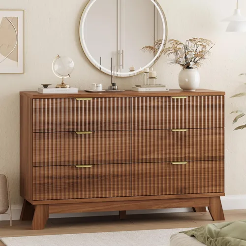 Miniatura 34 de Xixini - Cómoda moderna de madera acanalada para dormitorio, sala estar, pasillo o armario, para organizar y almacenar ropa o soporte de TV, 6 Roble