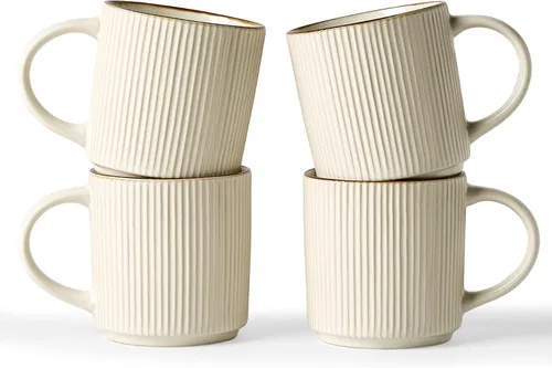 famiware Star - Juego de tazas de café para 4 unidades, 12 onzas, con asa, para café, té, cacao, leche, cerámica, color blanco Blanco (Star-White)