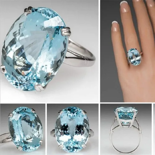 Miniatura 2 de MAIHAO Anillo de compromiso de plata 925 con piedras preciosas de aguamarina de corte ovalado para mujer, talla 5-11