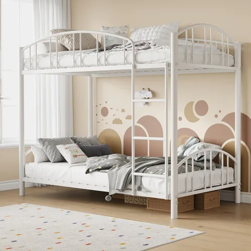Miniatura 14 de GarveeHome Litera de metal individual sobre matrimonial, marco de literas resistente con barandilla arqueada y escalera de seguridad, cama de acero