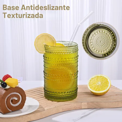 Miniatura 5 de ZMOWIPDL Juego de 8 Vasos de Beber Vintage con Relieve, Verde de 12 oz y 15 oz Vasos Highball, Cristalería para Bebidas de Cocina, Vaso de Agua