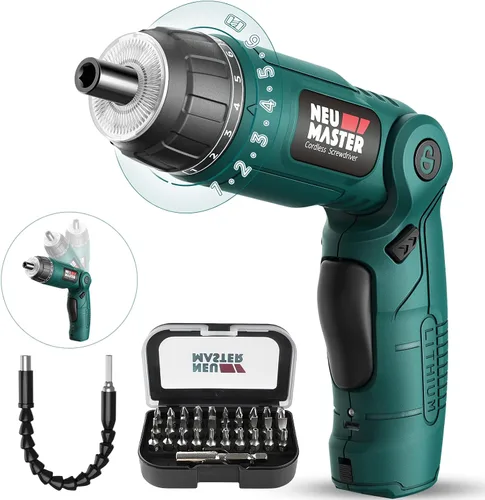 NEU MASTER Destornillador inalámbrico, destornillador eléctrico de 4 V, destornillador eléctrico recargable con mango giratorio, luz LED delantera y