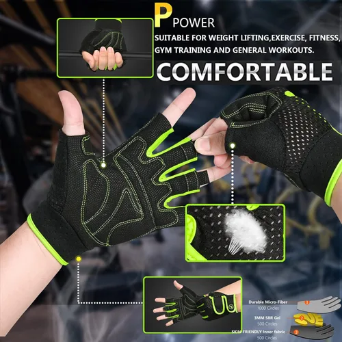 Miniatura 5 de Guantes de entrenamiento MOREOK con acolchado para levantamiento de pesas para hombres/mujeres, [Gel de 3MM] guantes sin dedos de agarre para Verde
