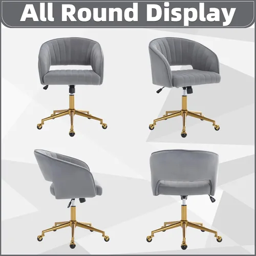 Miniatura 8 de ABET Silla de escritorio con ruedas, silla de terciopelo para oficina en casa, sillón giratorio con base dorada, sillas decorativas modernas Gris