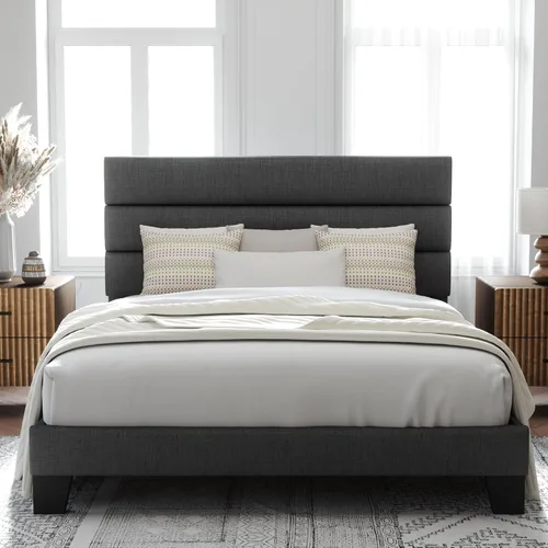 Miniatura 11 de Allewie - Base de cama de plataforma matrimonial con cabecera tapizada de tela y soporte de listones de madera, base de colchón totalmente tapizada