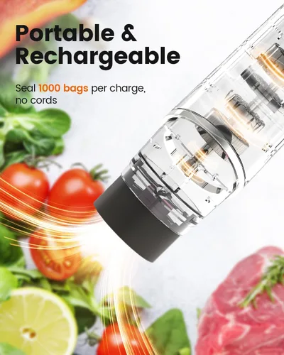 Miniatura 5 de Sellador al vacío portátil para alimentos, 10 bolsas selladoras reutilizables con una potente máquina selladora al vacío de mano de 60 kPa, sellador
