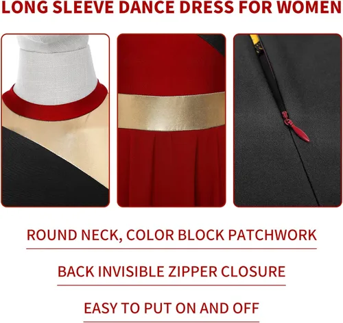 Miniatura 5 de TiaoBug Vestido de baile de alabanza de manga larga para mujer, vestido litúrgico metálico con bloques de color, vestidos de adoración