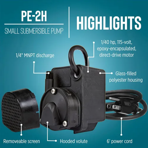 Miniatura 3 de Little Giant PE-2H 518400 Bomba sumergible de accionamiento directo encapsulado epoxi de 115 voltios, 1/40 HP, 300 GPH, con cable de 6 pies, negro