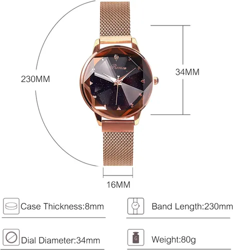 Miniatura 5 de RORIOS Reloj de pulsera simple para mujer, con esfera de cielo estrellado, hebilla de banda de malla, fácil de usar con diamantes simulados, reloj