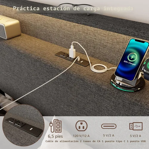 Miniatura 6 de Forestell Base de cama Queen con 4 cajones y cabecera de almacenamiento, base de cama tapizada gris tamaño Queen con estación de carga y luces LED