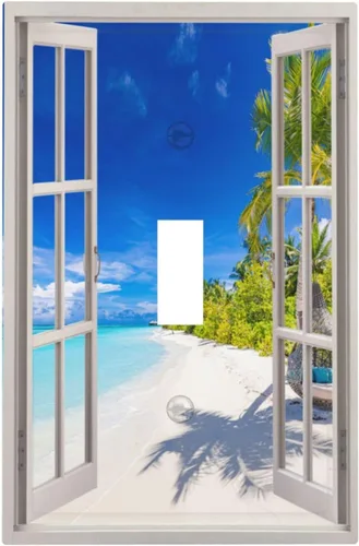 Miniatura 2 de Vista de ventana, isla tropical, playa, palmeras, cielo soleado, cubierta de interruptor de luz de palanca individual, placa decorativa de pared
