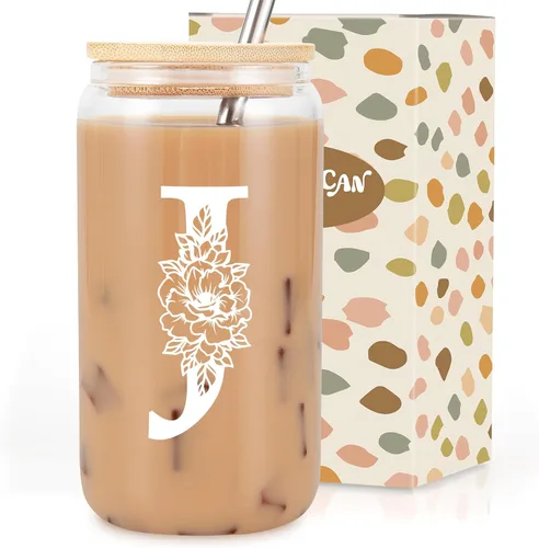 Taza de Vidrio Inicial Coolife, Regalos Personalizados para Mujeres, Tazas de Vidrio de 16 oz con Tapas y Popotes, Taza de Café Helado, Batido,