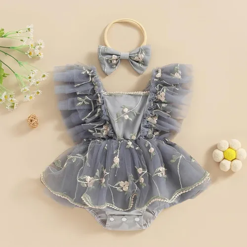Miniatura 2 de Comoraecos Vestido mameluco de encaje floral para bebé, vestido de princesa con bordado de tutú y mangas para atar, sin espalda, vestido de princesa