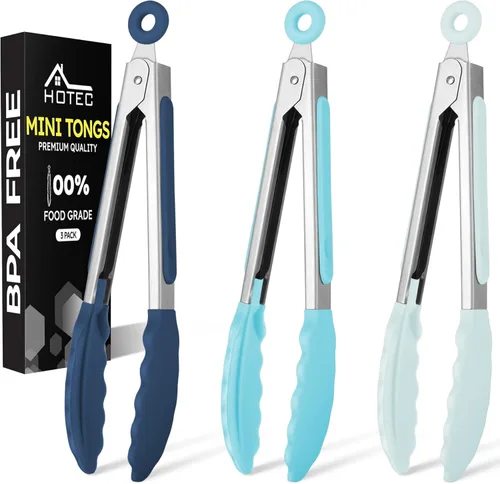 Hotec Pinzas de cocina de silicona para cocinar, pinzas pequeñas de 7 pulgadas con puntas de silicona, juego de 3 (azul)