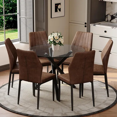 Miniatura 36 de Juego de mesa de comedor redonda para 6, juego de mesa de comedor de vidrio de 39 pulgadas con base de metal ajustable dorada en forma de X y 6