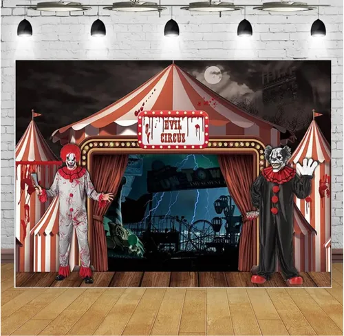 Telón de fondo de fotografía de circo de terror, decoración de fiesta de Halloween, telón de fondo de carnaval, casa encantada, payaso gigante