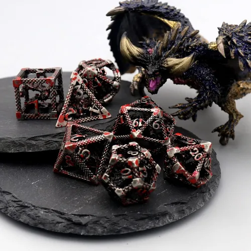 Miniatura 7 de D&D Dice, Dungeons and Dragons Dice HNCCESG Juego de dados de metal poliédricos huecos para juegos de mesa RPG MTG (Dragon Silver Blood Spot)
