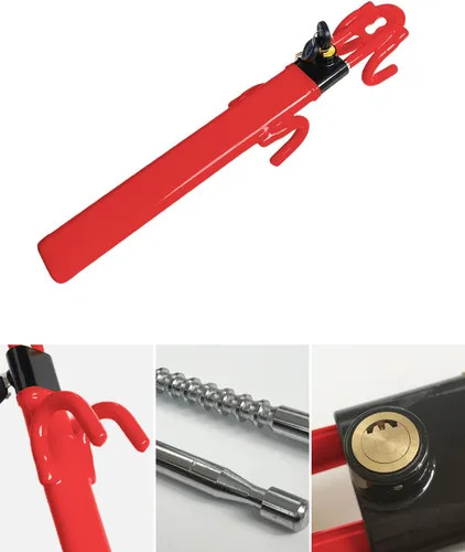 Miniatura 3 de Bloqueo de Volante Antirrobo de Alta Resistencia Seguro para Coche, Abrazadera de Longitud Ajustable, Doble Gancho, Bloqueos de Ajuste Universal Rojo