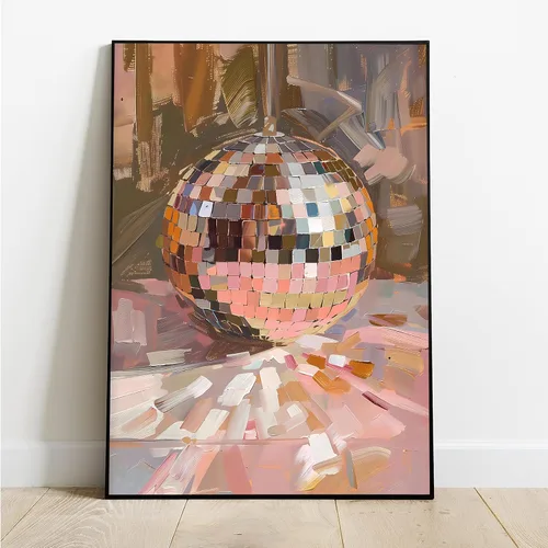Miniatura 2 de Arte de Pared en Lienzo de Bola de Discoteca Rosa Suave de Moda, Póster con Textura de Bola de Espejo Plateada Funky para Chica, Impresión